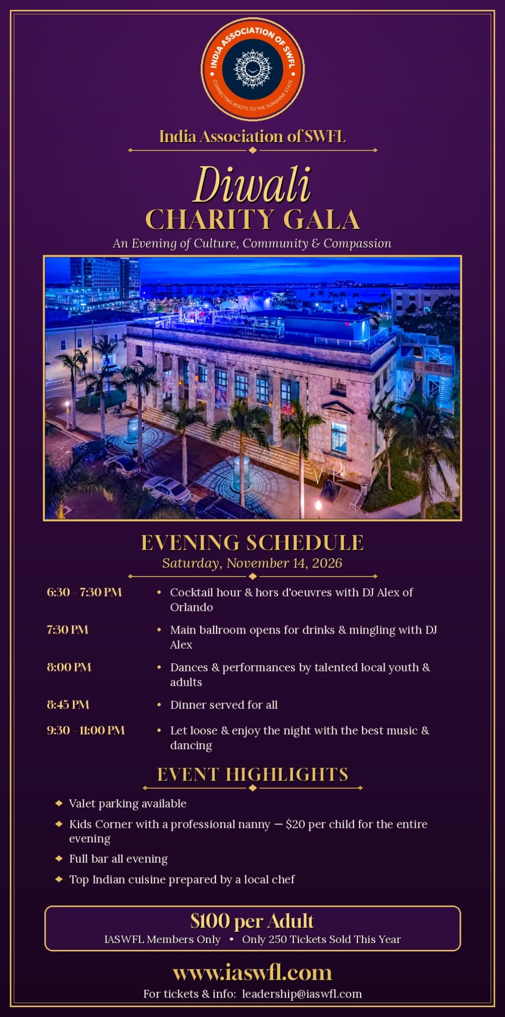 Diwali Charity Gala 2026 event flyer with evening schedule and details